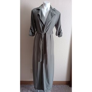 Olive Green Sheer Trench Coat with Tie Belt and Adjustable Sleeves